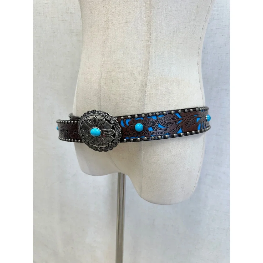 Leather Turquoise Floral Tooled Western Belt Womens Medium/Large Vegan‎ Leather